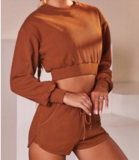 the keeper comfy shorts & long sleeve jogger cropped top SET BRICK